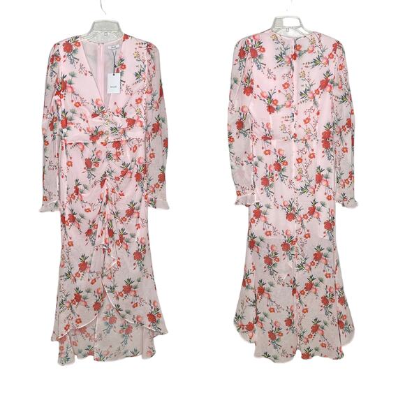 NWT Sau Lee Ciara Pink Floral Ruffle Midi Dress Size 6 Wedding Guest - Picture 5 of 16